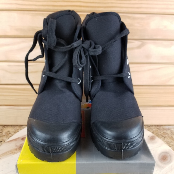 Black Canvas Combat Military Biker Moto Ankle Boots Heeled Lace up 8.5M NEW CL - Picture 2 of 10
